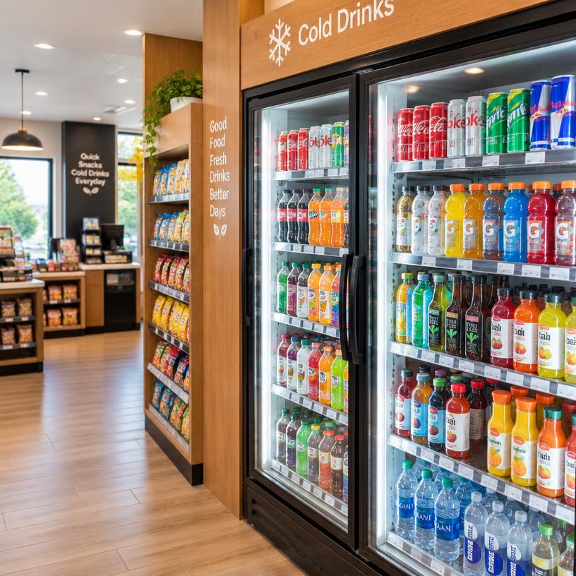 Cooler shelves stocked with cold drinks