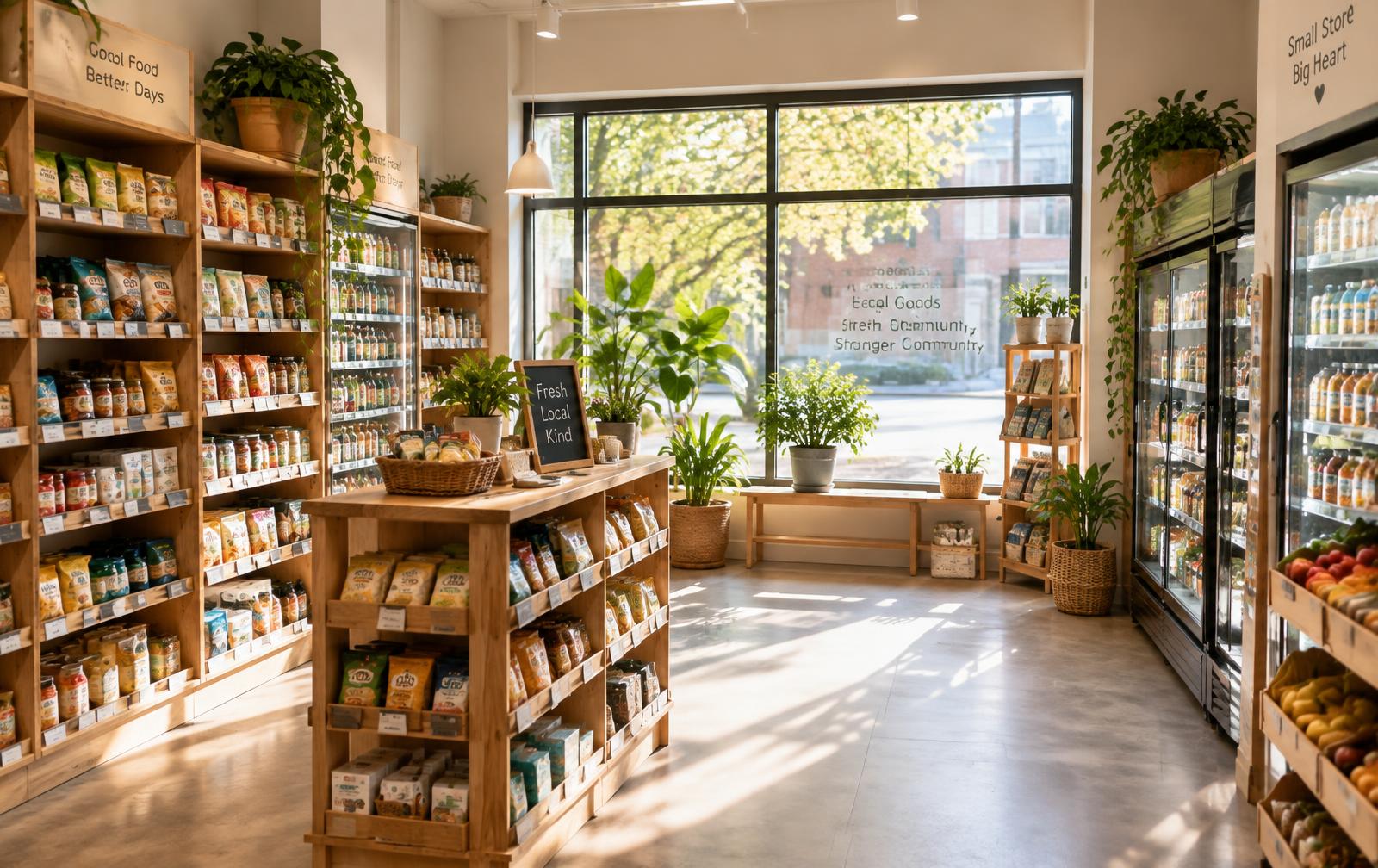 Inside our store — light wooden shelves, plants and coolers in morning light